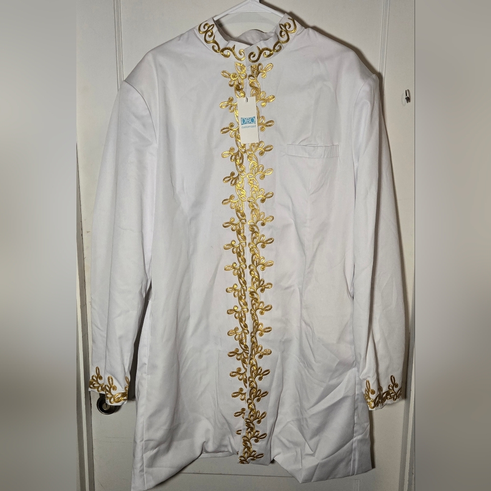 African Dashiki DBQ Customized Men's Gold Embroidered White Jacket Coat XL NWT